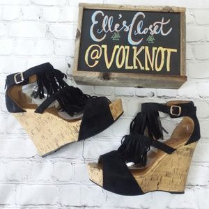Qupid Fringe Cork Wedges Black